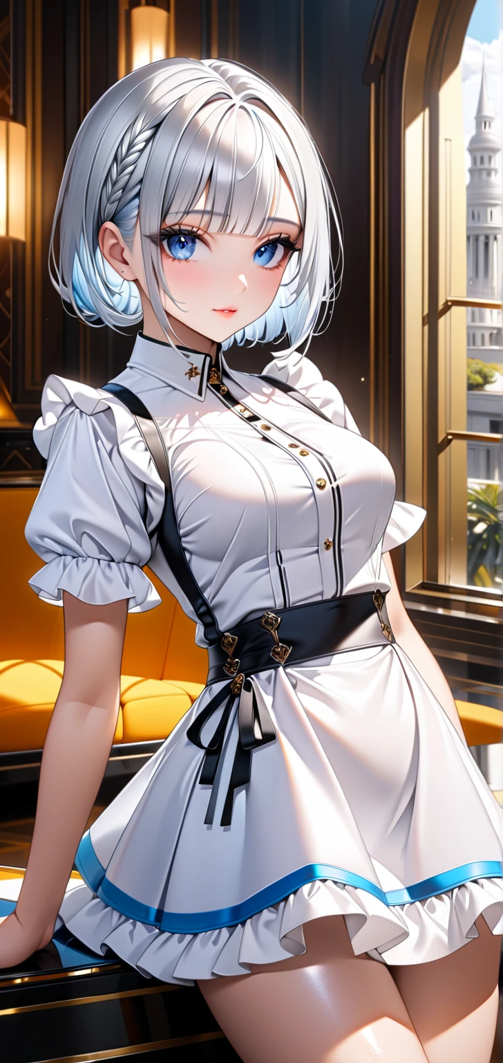 1girl, bright, blonde, blonde gradient gray hair, mesh gray hair, short hair, light blue eyes multicolored hair, saleme, side light, light particles, wallpaper, big, plump, idol, swimsuit, loose fluffy, smile, gentle, clear, loli