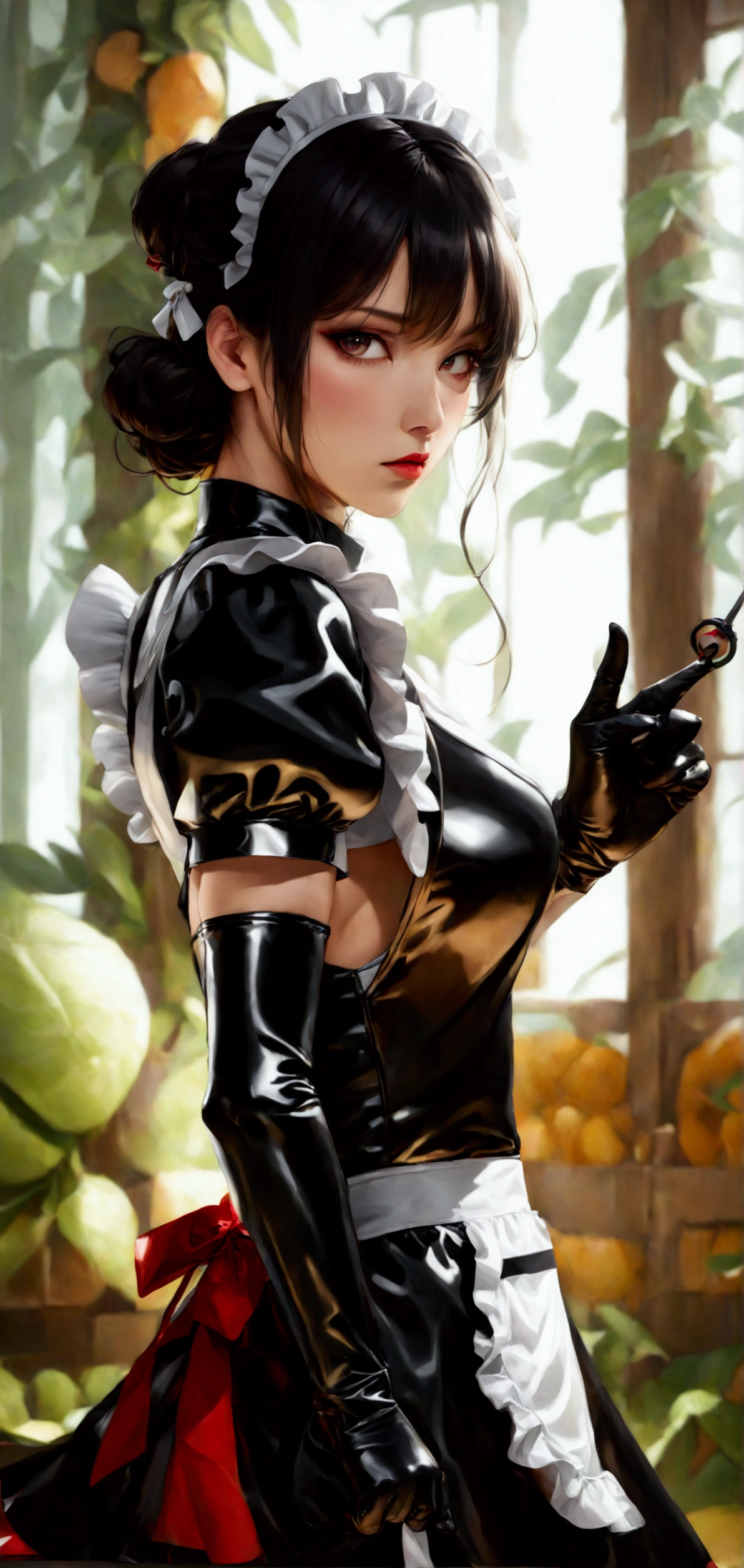 Woman in latex maid cosplay