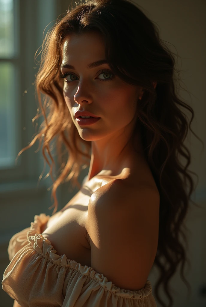 (((ultra realistic))) Photo, masterpiece, top quality, (pale skin), (Ultra detailed face and eyes:1.3), 1 girl, Adult, in a T-shirt, full body, (Eye makeup, mascara) , ((large detailed lips)), ((ash wavy hair)), ((Chyolka)) , (Natural breasts), Slim waist. ((Posing)), photoshoot, studio (soft lighting), (The play of light and shadows), depth of field, bokeh, (special attention to skin detail: 1.2), Detailed leather texture, skin pores. (Airy atmosphere of the frame. Color range - delicate, Bright, white, Pink tones), UDR, ((Film grain)), ((rays)), ((glare of the sun)), ((waist up portrait, close to the camera)) , ultra detialed, 