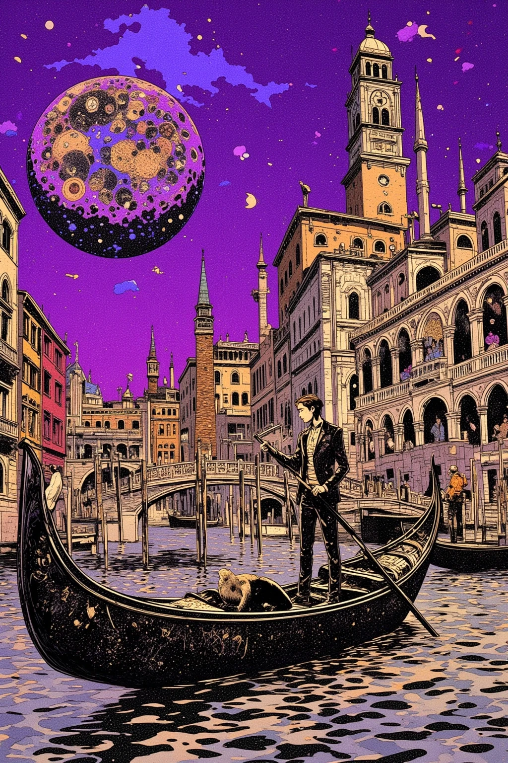  gondola drawing in Venice、Small boat、Hallucinatory Art  、  dmt Death of Ego  、  Psychedelic Horror  、 purple sky、 Highly Detailed Fantastic Art  、  DMT Egodes  、 Shamanic Fear  、LSD art、clock、collage、The Marauders in the Small Boat、channel 、bridge、Lizard