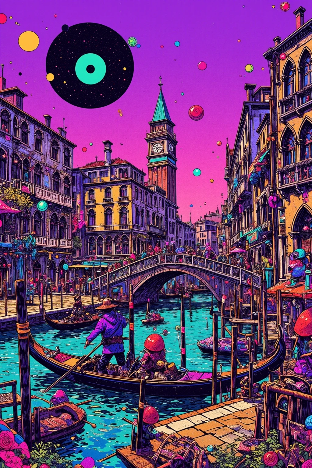  gondola drawing in Venice、Small boat、Hallucinatory Art  、  dmt Death of Ego  、  Psychedelic Horror  、 purple sky、 Highly Detailed Fantastic Art  、  DMT Egodes  、 Shamanic Fear  、LSD art、clock、collage、The Marauders in the Small Boat、channel 、bridge、Lizard