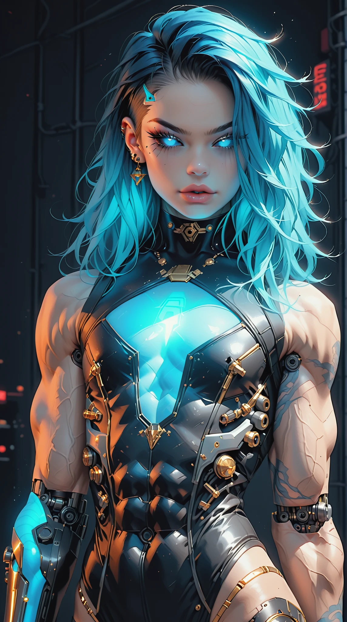 (nsfw:1), (Uncensored:1), score_9, score_8_up, score_7_up, (Three quarters Shot), (1 girl), (asian), beautiful teenage (skinny) muscular goth cyborg girl, (full Cybernetic bodysuit:1.5), (black sclera:1.5), (blue glowing eyes:1.5), (blue glowing body veins:1.5), (flat chest:1.25), (blue glowing hair:1.25), (beautiful face:1.25), (bodybuilder femboy physique:1.25), (skinny long legs:0.75), (intricate gold filagree:1.25), bimbo lips, cowboy shot, cybernetic, mechanoid body parts, exposed cables and circuits, neon lights, gothic neon style, cyber punk style, super realistic image, beautiful digital paint , hyper Realistic illustrations, ImgFixerPre0.3