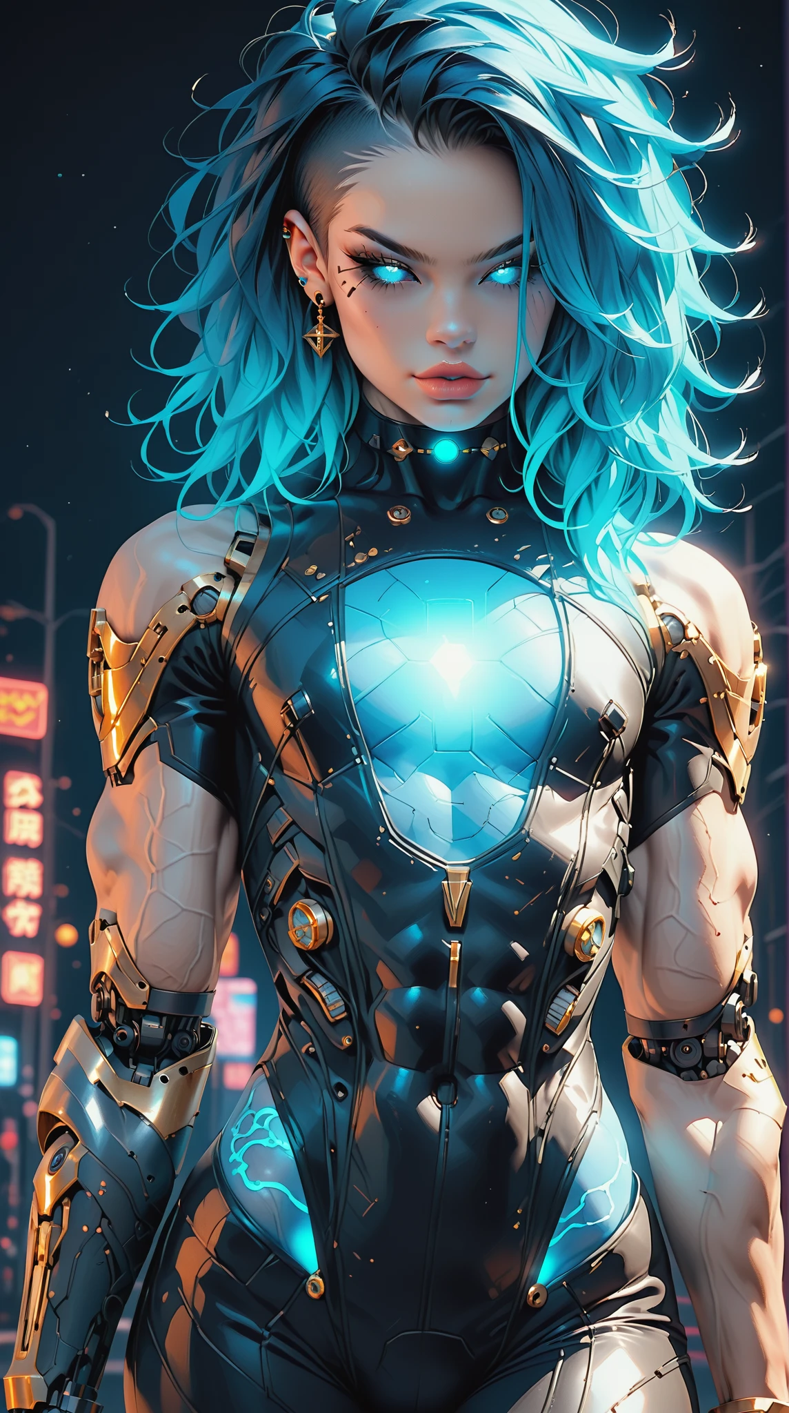 (nsfw:1), (Uncensored:1), score_9, score_8_up, score_7_up, (Three quarters Shot), (1 girl), (asian), beautiful teenage (skinny) muscular goth cyborg girl, (full Cybernetic bodysuit:1.5), (black sclera:1.5), (blue glowing eyes:1.5), (blue glowing body veins:1.5), (flat chest:1.25), (blue glowing hair:1.25), (beautiful face:1.25), (bodybuilder femboy physique:1.25), (skinny long legs:0.75), (intricate gold filagree:1.25), bimbo lips, cowboy shot, cybernetic, mechanoid body parts, exposed cables and circuits, neon lights, gothic neon style, cyber punk style, super realistic image, beautiful digital paint , hyper Realistic illustrations, ImgFixerPre0.3