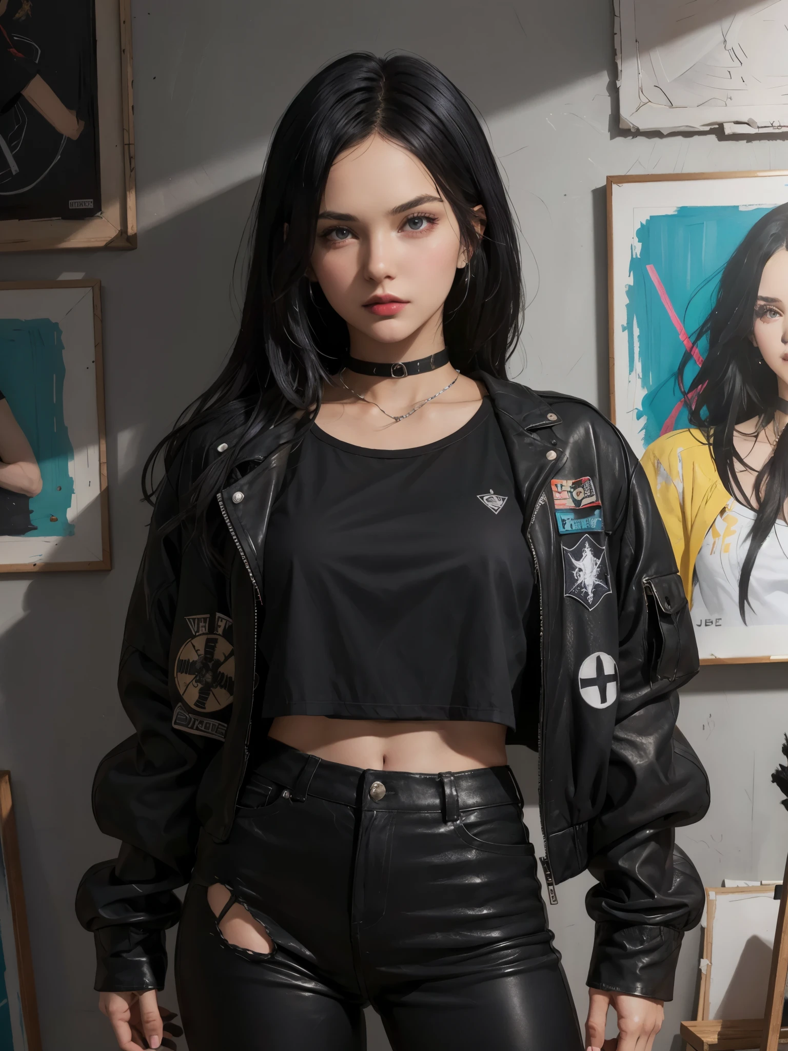 girl, standing, striking colorful jacket, patches, multiple patches, various logo, pins, symbol, textual elements, wall, wall of fame, various logo, symbol, design elements, black hair, attractive, dark fantasy, crafting, painting, tight black leather choker,