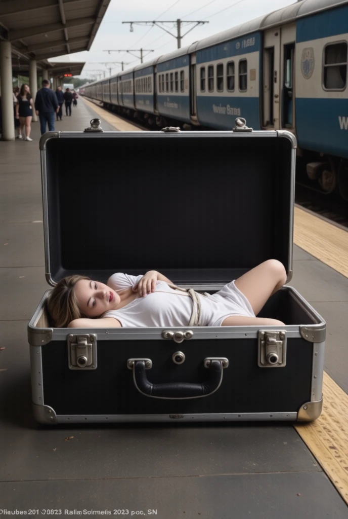 a large steel suitcase lies alone on a train platform. a cutaway view shows a beautiful woman bound inside the suitcase. she lies fave dow, wearing a full body straightjacket with her arms bound behind her back, and her legs bound together. a ball gag fills her mouth. Maeri25. 