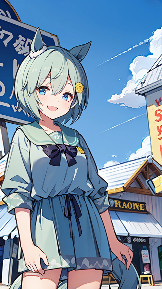 masterpiece,  top quality,  high definition ,  very detailed,((( seiun sky))), (((Horse Girl))), (((Daytime))), ((( standing))), (((Daytime))), (((Around town))), (((blue sky))), (((In front of the store))), ((( sign))), ((( sailor suit ))), (((smile)))