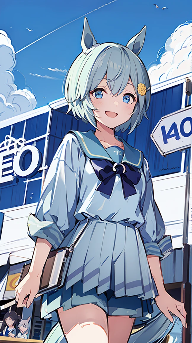 masterpiece,  top quality,  high definition ,  very detailed,((( seiun sky))), (((Horse Girl))), (((Daytime))), ((( standing))), (((Daytime))), (((Around town))), (((blue sky))), (((In front of the store))), ((( sign))), ((( sailor suit ))), (((smile)))