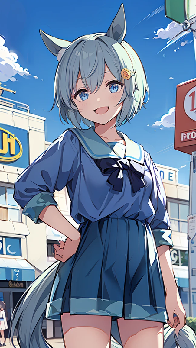 masterpiece,  top quality,  high definition ,  very detailed,((( seiun sky))), (((Horse Girl))), (((Daytime))), ((( standing))), (((Daytime))), (((Around town))), (((blue sky))), (((In front of the store))), ((( sign))), ((( sailor suit ))), (((smile)))