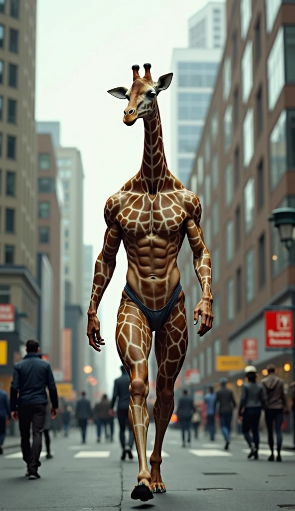 A large, muscular anthropomorphic jaguar man walking in a speedo swimsuit through the streets of Fifth Avenue in New York with a beach atmosphere and beach souvenir shops.
thick legs