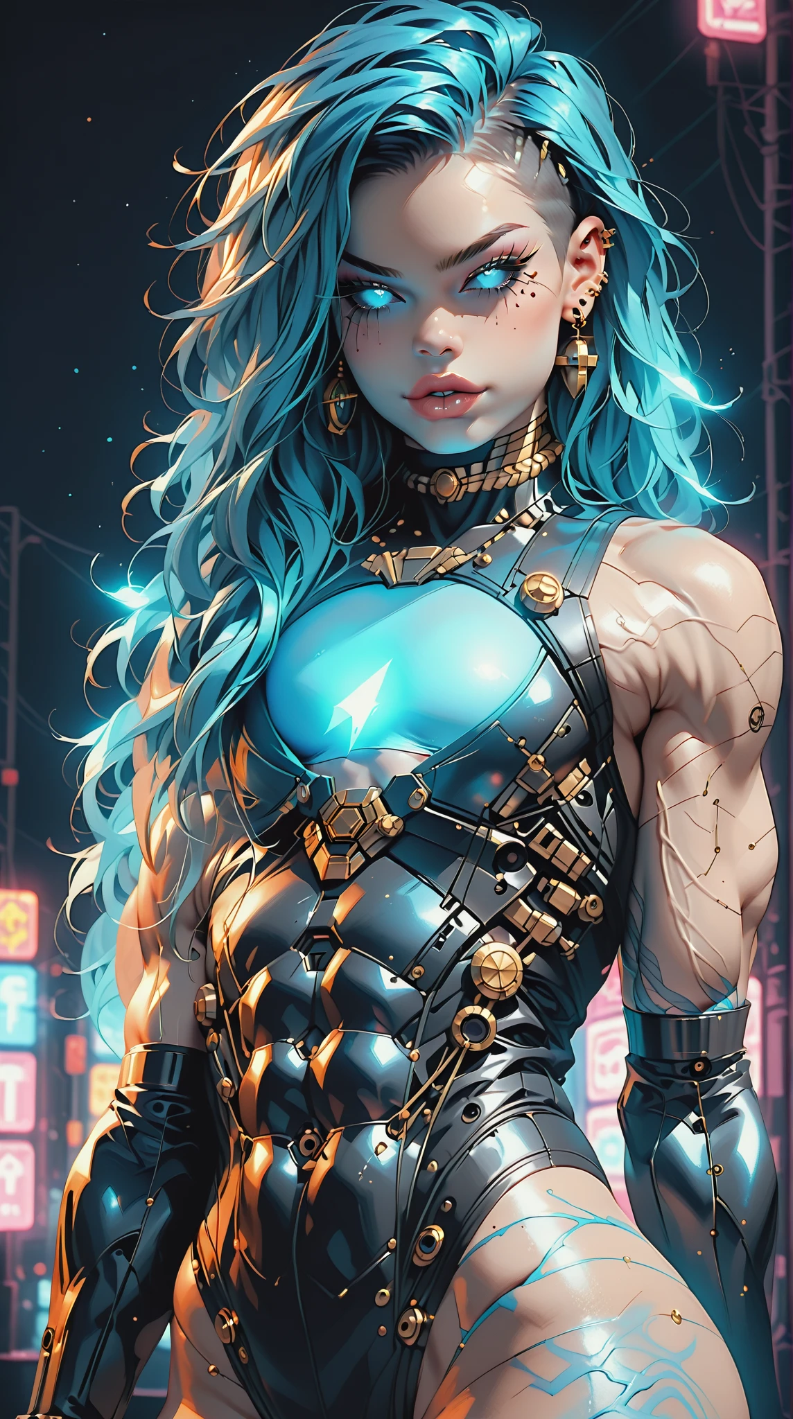 (nsfw:1), (Uncensored:1), score_9, score_8_up, score_7_up, (Three quarters Shot), (1 girl), (asian), beautiful teenage (skinny) muscular goth cyborg girl, (full Cybernetic bodysuit:1.5), (black sclera:1.5), (blue glowing eyes:1.5), (blue glowing body veins:1.5), (flat chest:1.25), (blue glowing hair:1.25), (beautiful face:1.25), (bodybuilder femboy physique:1.25), (skinny long legs:0.75), (intricate gold filagree:1.25), bimbo lips, cowboy shot, cybernetic, mechanoid body parts, exposed cables and circuits, neon lights, gothic neon style, cyber punk style, super realistic image, beautiful digital paint , hyper Realistic illustrations, ImgFixerPre0.3