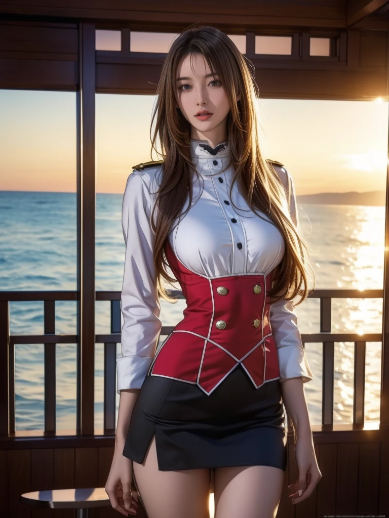 photorealistic, high resolution, 1 girl, hips up, long hair, beautiful eyes,hat_flower, top hat, brown_hair, closed_mouth, hibiscus, red_rose, spider_lily, bangs, brown dress coat, shorts, thick thighs, hu tao \(genshin impact\
