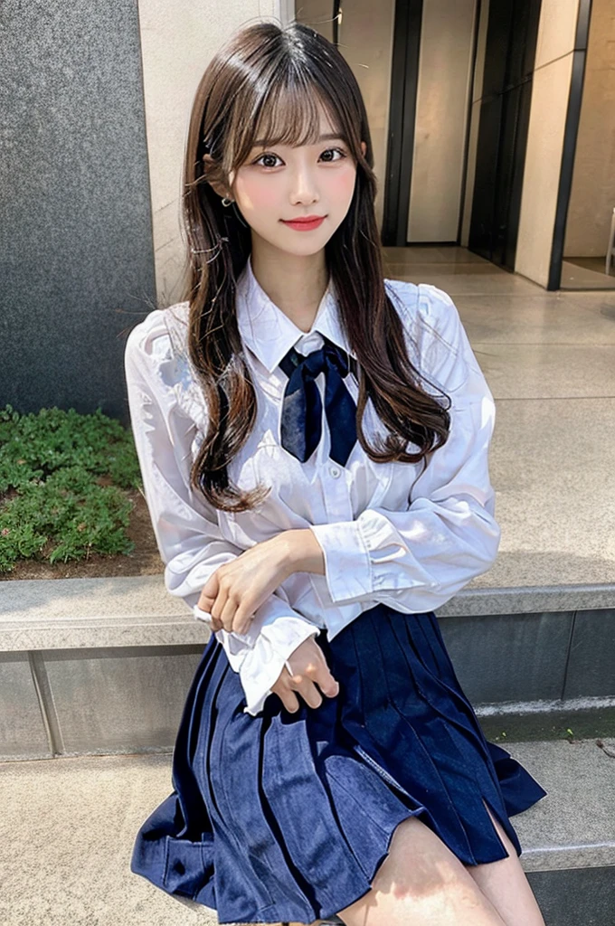Beautiful woman、cute、Plump body、Big Tits、Earrings、Are standing、Ribbon in hair、High short-sleeved blouse、Navy blue mini skirt、Ribbon on chest、garden、(Shiny skin:1.3)、From the thigh up、From below