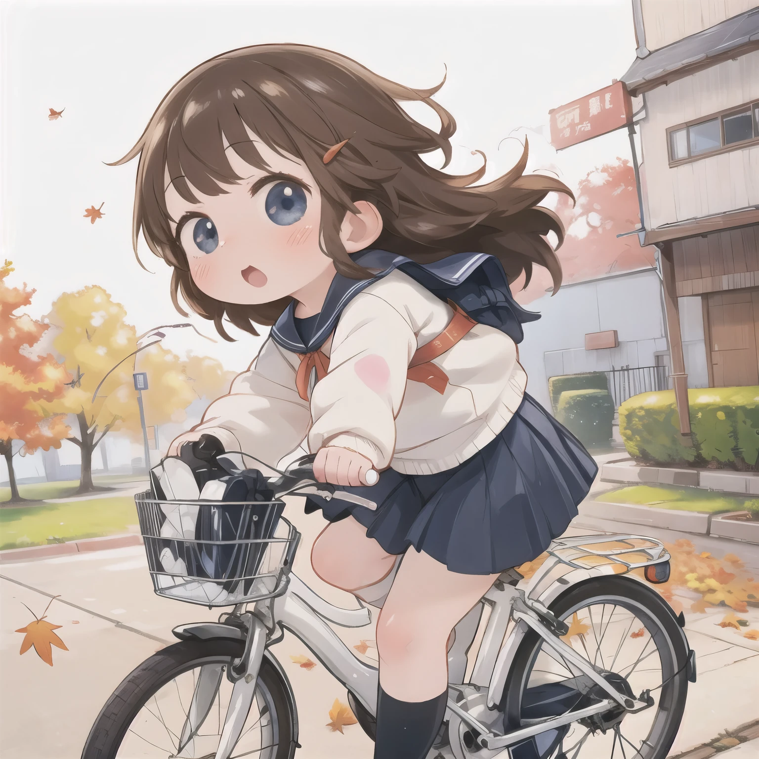 ( greatest masterpiece， super high resolution， top quality:1.2), reality、 fisheye lens，Very short stature，By bicycle，Alone、  Junior high school girl，Winter clothes、Fluttering skirt，positive，whirlwind，Kawabe at dusk in autumn、 fall leaves for vaginal discharge， Beautiful Sunsets  ，