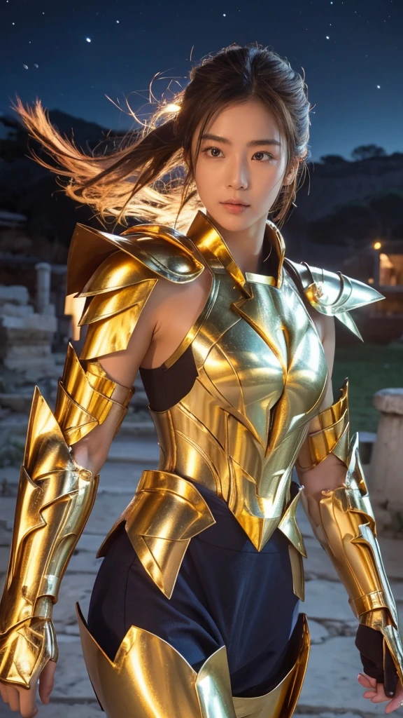 
(( 1 Woman ))) beautiful Korean girl,     ultra-realistic photography with cutting-edge details by Camus, Greek ruins in the background.    walking in shiny shiny golden metal armor  , Saint Seiya Armor, (((Cancer Armor))), ( blue short disheveled hair ),   Active Poses, beautiful,   blue eyes,   sunburned skin, Every Little Detail , beautiful face with details, walking at the   ancient Greek  ,   ancient Greek  ,  super high resolution, 8k, milky way, Night Sky,   shoulder armor that overhangs large above the shoulders  , Wearing a golden helmet,  sexy armor  , 