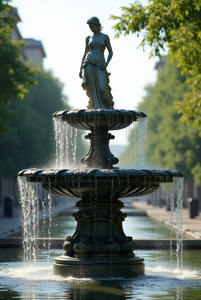 A magnificent sculpture that embodies the elegance and grandeur of water fountains. The artist skillfully sculpts the flowing water, capturing its fluidity and movement with precision. The sculpture portrays a group of figures dancing and playing in the fountain's cascading streams, frozen in a moment of joyful celebration. The artist's attention to detail is evident in the intricately carved water droplets and the lifelike expressions of the figures. This masterpiece, created by renowned sculptor Auguste Rodin, invites viewers to immerse themselves in the dynamic energy and beauty of water fountains, and serves as a reminder of the joy and vitality that water brings to our lives,aetherpunkai,((Best quality)), ((Masterpiece)), ((Realistic))