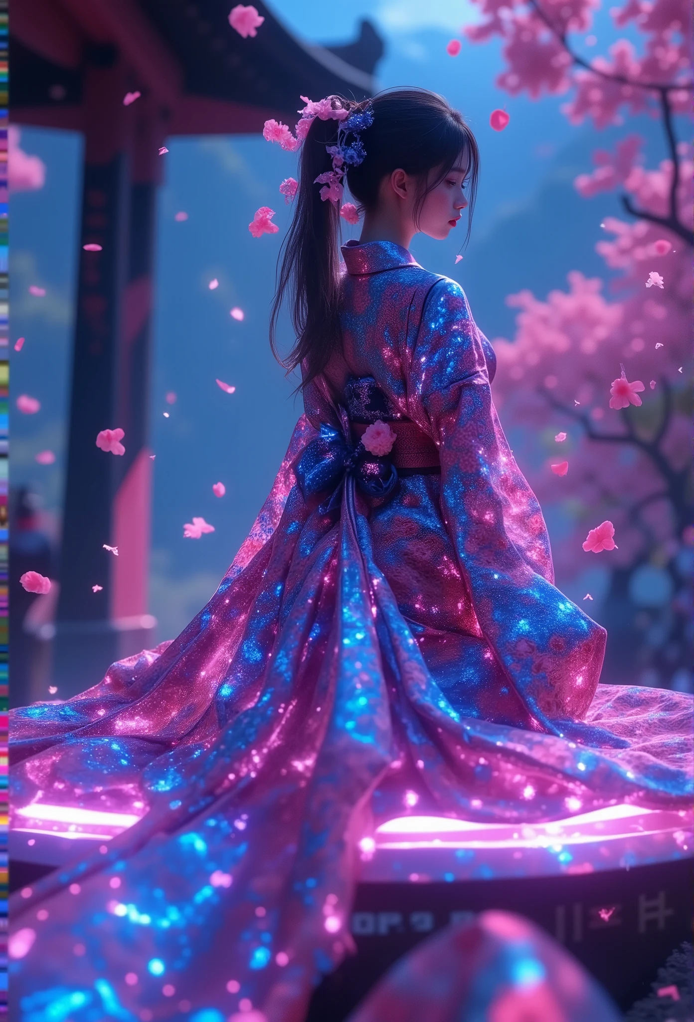 Cyberpunk style,Glazing,glossy neon highlights,bright pink and blue hues,1girl,ARW,futuristic shrine maiden,twin tails with glowing accents,cybernetic kimono with holographic floral patterns,resting on illuminated platform,floating cherry blossom petals,high-tech torii gate in background,fusion of tradition and technology,serene yet futuristic atmosphere