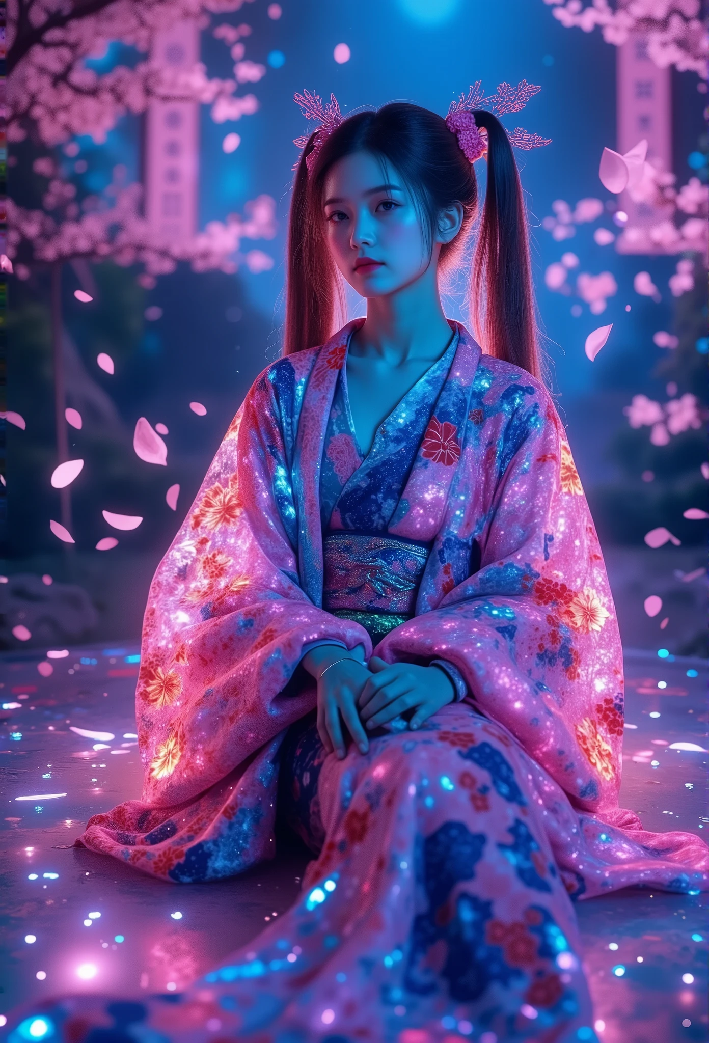 Cyberpunk style,Glazing,glossy neon highlights,bright pink and blue hues,1girl,ARW,futuristic shrine maiden,twin tails with glowing accents,cybernetic kimono with holographic floral patterns,resting on illuminated platform,floating cherry blossom petals,high-tech torii gate in background,fusion of tradition and technology,serene yet futuristic atmosphere