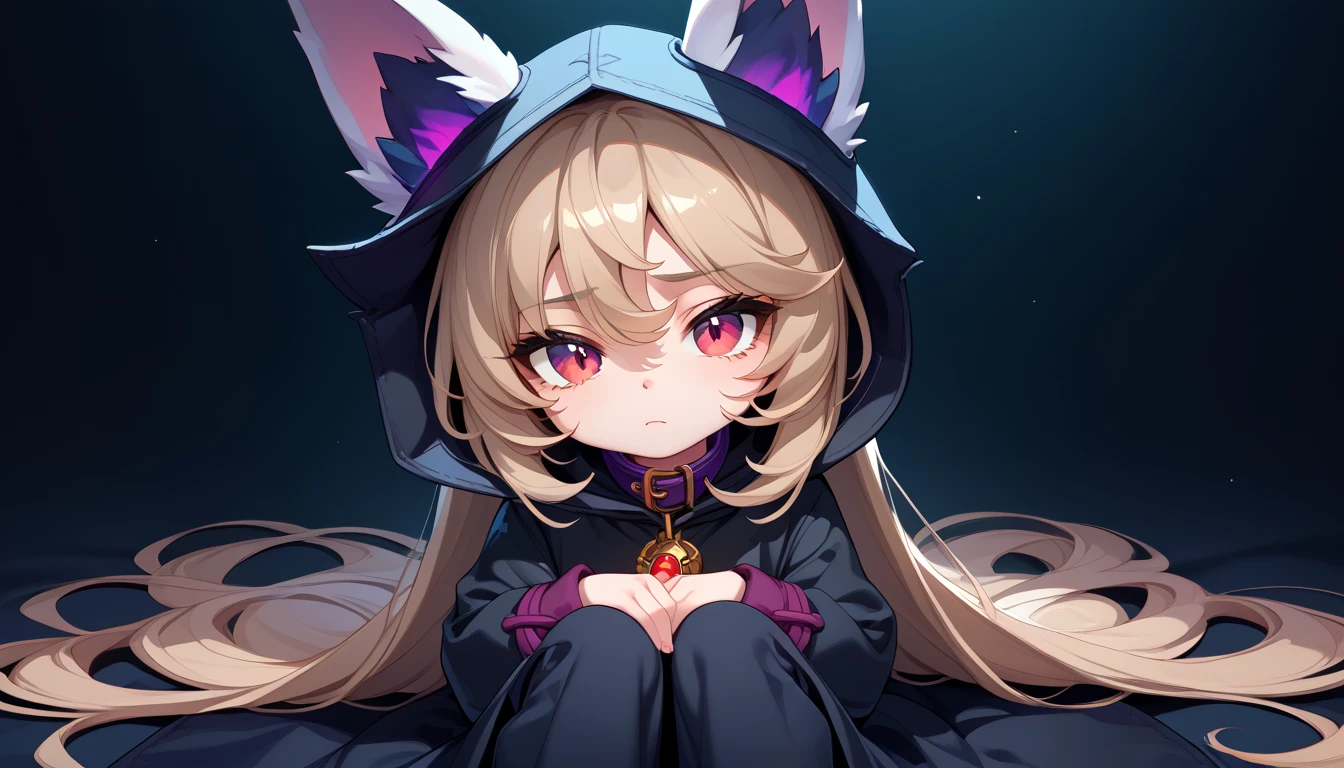 (masterpiece:1.3), (best quality:1.3), (very detailed), (anime style:0.1), game cg, anime coloring,((dark background)),VexLoLXL,big eyes,yordle,shortstack,red eyes,((light brown hair,bangs,long hair)),shiny_skin,white_skin,white skin,black hood,hood up,ears through headwear,white animal ears,black shirt,purple collar,gold pendant top,long sleeves,black dress,long dress,bare hands,((solo)), 1girl, sitting with knees pulled close to her chest, arms wrapped around her knees, sad and dejected expression, eyes slightly red, soft lighting focused on her, shadows emphasizing the mood, melancholic atmosphere
