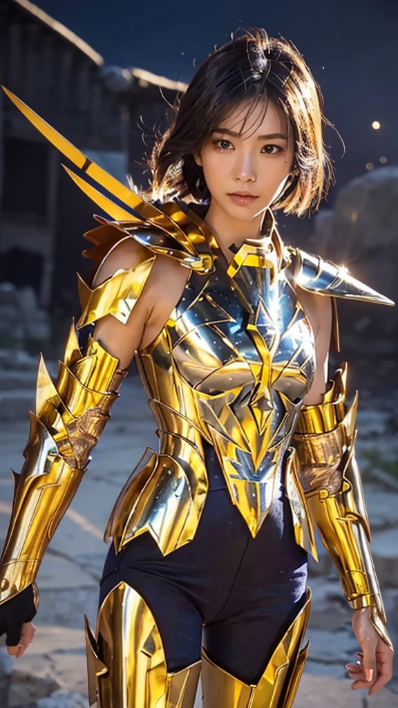 
(( 1 Woman ))) beautiful Korean girl,     ultra-realistic photography with cutting-edge details by Camus, Greek ruins in the background.    walking in shiny shiny golden metal armor  , Saint Seiya Armor, (((Cancer Armor))), ( blue short disheveled hair ),   Active Poses, beautiful,   blue eyes,   sunburned skin, Every Little Detail , beautiful face with details, walking at the   ancient Greek  ,   ancient Greek  ,  super high resolution, 8k, milky way, Night Sky,   shoulder armor that overhangs large above the shoulders  , Wearing a golden helmet,  sexy armor  , 