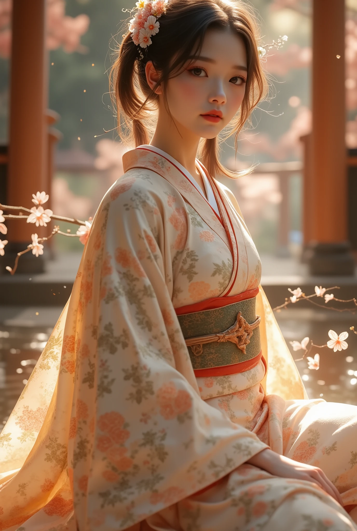 Impressionism style,Pointillism,soft dotted textures,muted pastel tones,1girl,ARW,dreamy shrine maiden,long flowing hair,twin tails with subtle highlights,traditional kimono with hand-painted floral designs,peaceful sitting pose,serene garden setting,delicate cherry blossoms gently falling,wooden torii gate,tranquil and timeless atmosphere