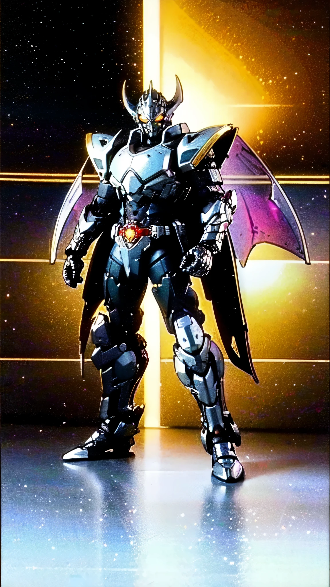 (masterpiece:1.5, best quality:1.5, extremely delicate:1.5), ((male:1.5)), a man wearing a full-face helmet, high-tech biomimetic armored combat suit, (a composite layered chest armor), the design balances heavy with agility, fully enclosed shoulder guards, matching arm and leg guards, a belt of gemstone, (the color scheme is primarily Red with Purple and Yellow accents, Organic Biotech, Concept Inspired by Vampire, glowing eyes, armor glows, huge cloak like devil wings), stand of a futuristic sci-fi city, this character embodies a finely crafted fantasy-style armored hero in anime style, exquisite and mature art style, metallic, high definition, highres, ultra-detailed, ultra-fine painting, professional, perfect body proportions, golden ratio, anatomically correct, symmetrical face, extremely detailed eyes and face, high quality eyes, creativity, RAW photo, UHD, 32k, Natural light, cinematic lighting, (masterpiece-anatomy-perfect:1.2)