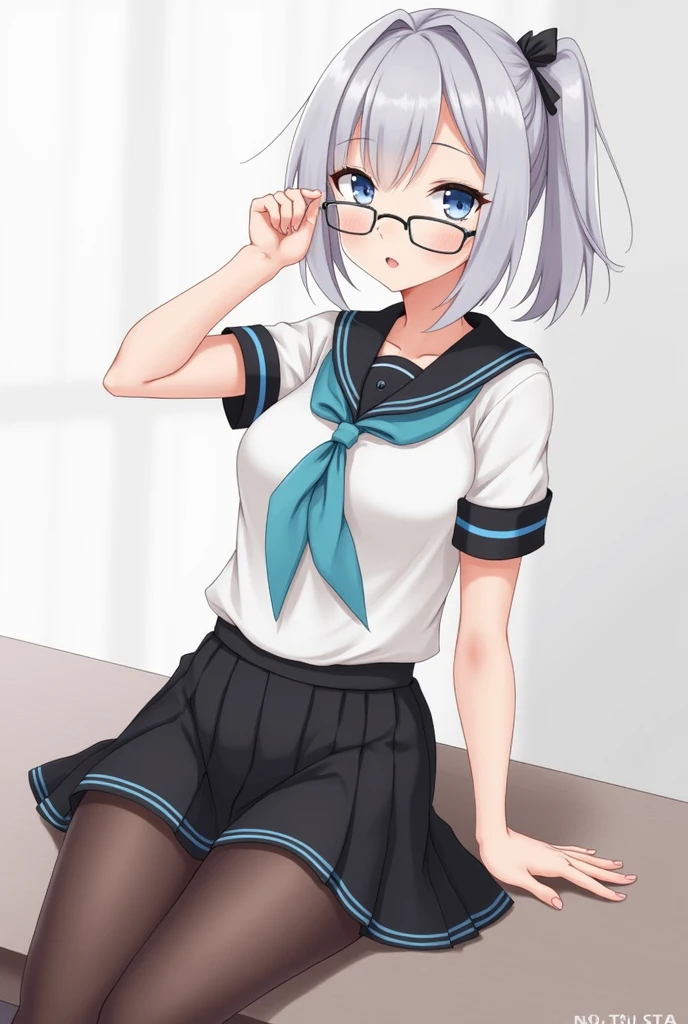 Glasses、cute、Embarrassed face、white hair、White panties、Crossing your legs、Low - Angle、Sailor suit、skirt、Lying on your back、rain、See-through bra、