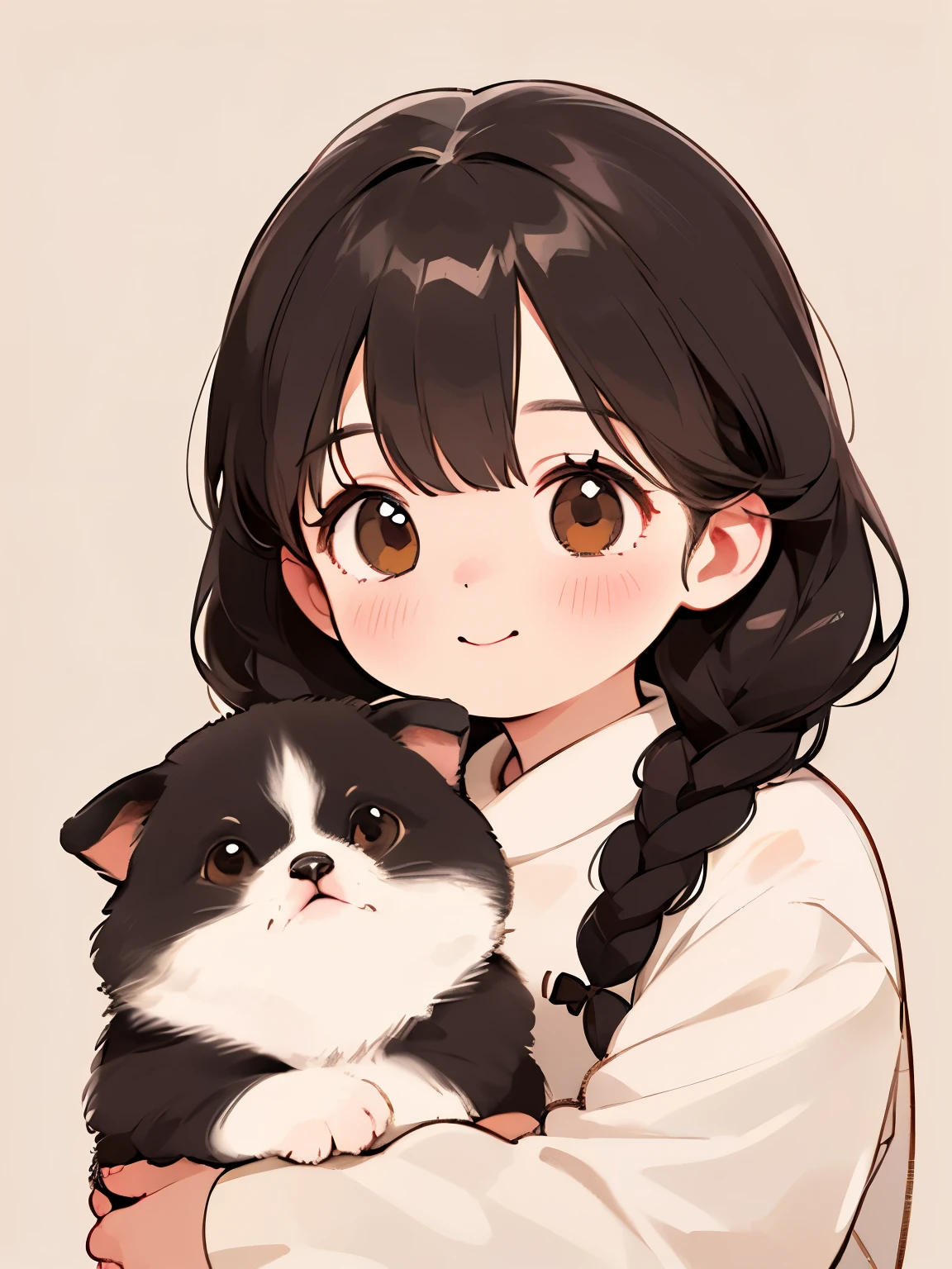 (   top quality ,4K,8k,    kampala,  Masterpiece  :1.2),    very detailed , (Deformed,  realistic ,  realistic :1.3)，One ，cute ，Very short，Laugh happily,    Brown Eyes    , Fluffy,  Black hair braids，   white dress，，That dog is bigger than the girl    ......，This dog is an Akita....，犬はFluffy，   dog hugging girl ， Autumn rural landscape background ，