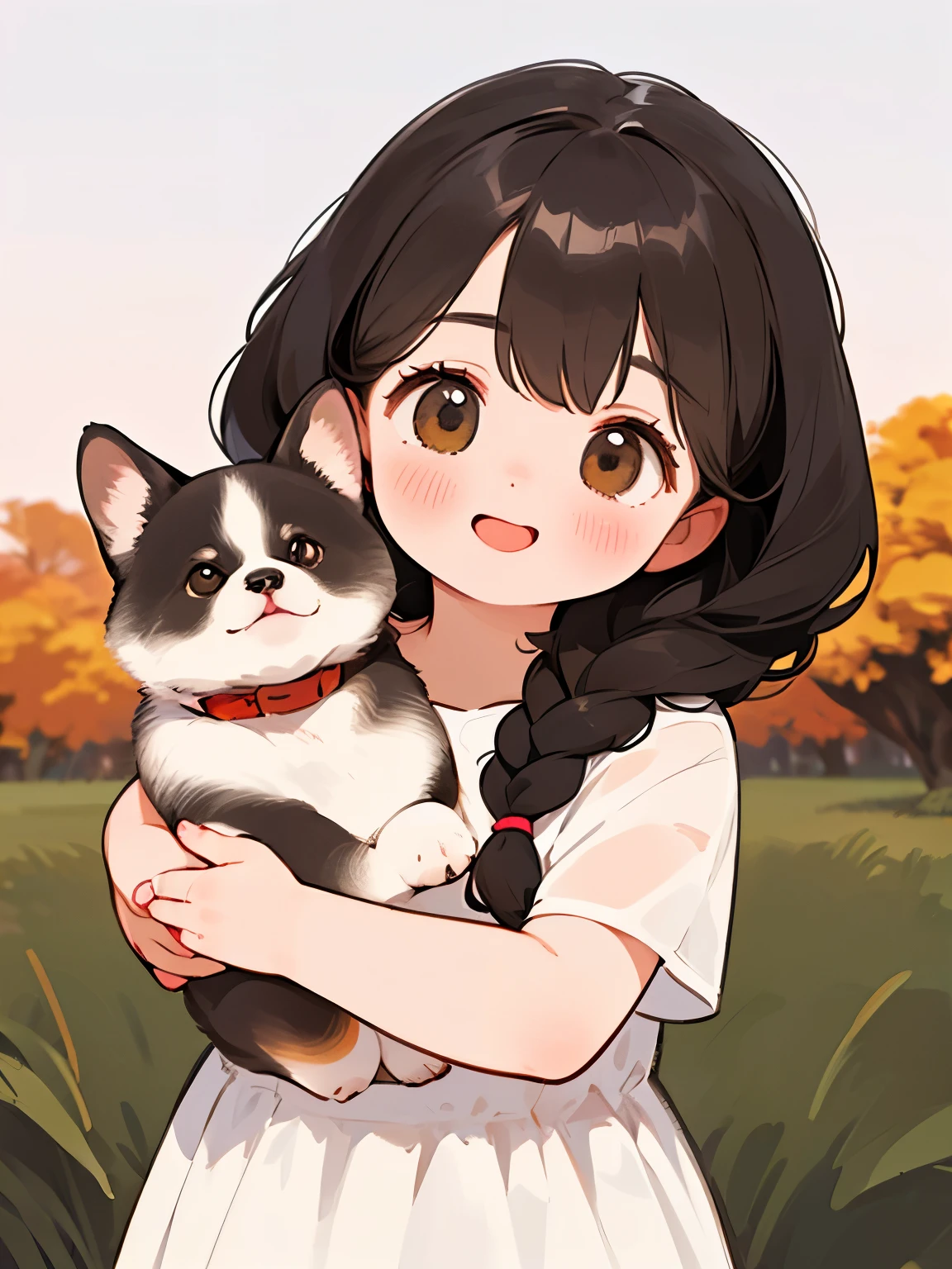 (   top quality ,4K,8k,    kampala,  Masterpiece  :1.2),    very detailed , (Deformed,  realistic ,  realistic :1.3)，One ，cute ，Very short，Laugh happily,    Brown Eyes    , Fluffy,  Black hair braids，   white dress，，That dog is bigger than the girl    ......，This dog is an Akita....，犬はFluffy，   dog hugging girl ， Autumn rural landscape background ，