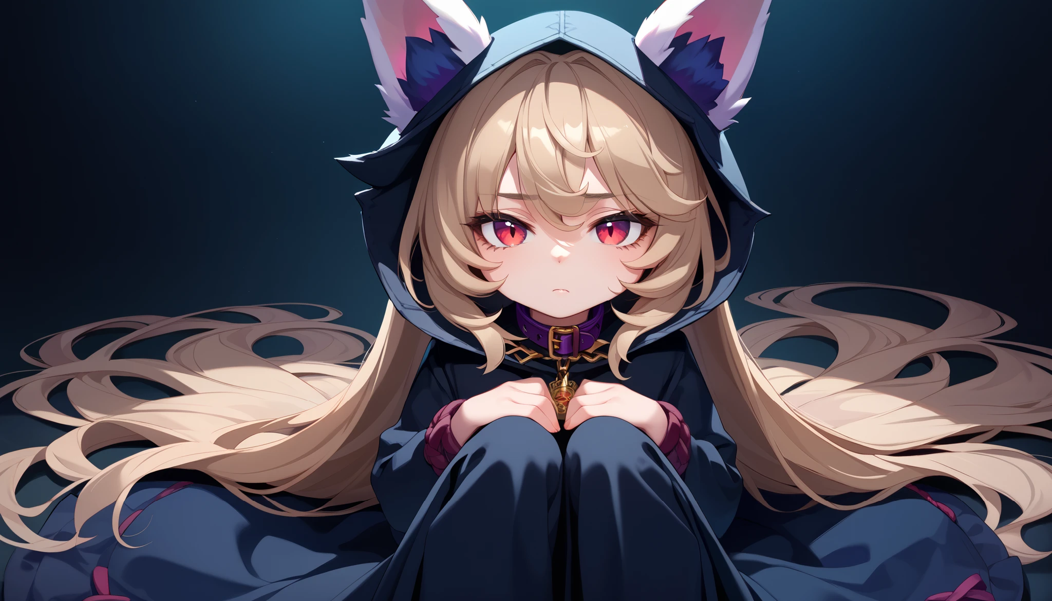 (masterpiece:1.3), (best quality:1.3), (very detailed), (anime style:0.1), game cg, anime coloring,((dark background)),VexLoLXL,big eyes,yordle,shortstack,red eyes,((light brown hair,bangs,long hair)),shiny_skin,white_skin,white skin,black hood,hood up,ears through headwear,white animal ears,black shirt,purple collar,gold pendant top,long sleeves,black dress,long dress,bare hands,((solo)), 1girl, sitting with knees pulled close to her chest, arms wrapped around her knees, sad and dejected expression, eyes slightly red, soft lighting focused on her, shadows emphasizing the mood, melancholic atmosphere
