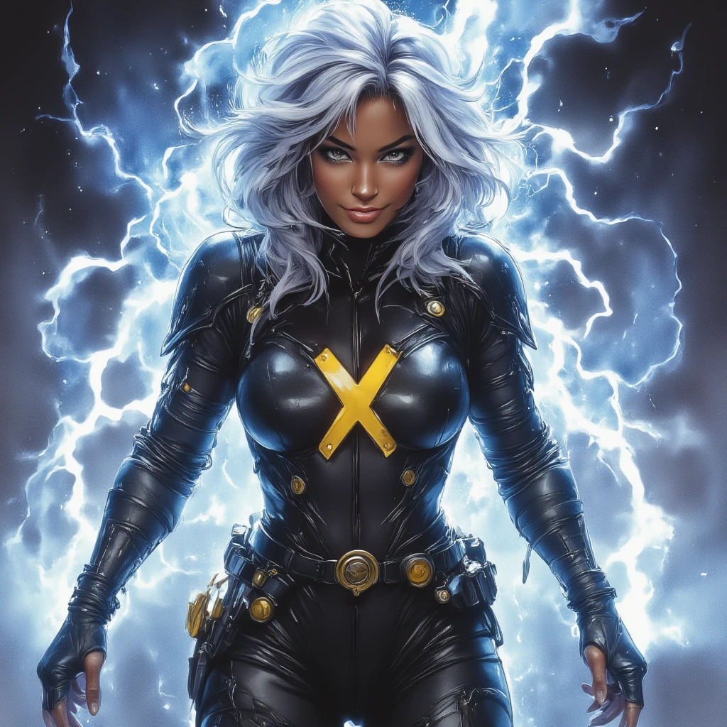 storm (  Marvel character  ), Afro ,  black-skinned woman with very short white brushed hair, bright white eyes ,  wears a black leather jumpsuit with a big yellow X, seductive and completely open on the front.  She is surrounded by fog and stormy lightning that spring from her hands.  Proud look and captivating smile .  Luis Royo style  