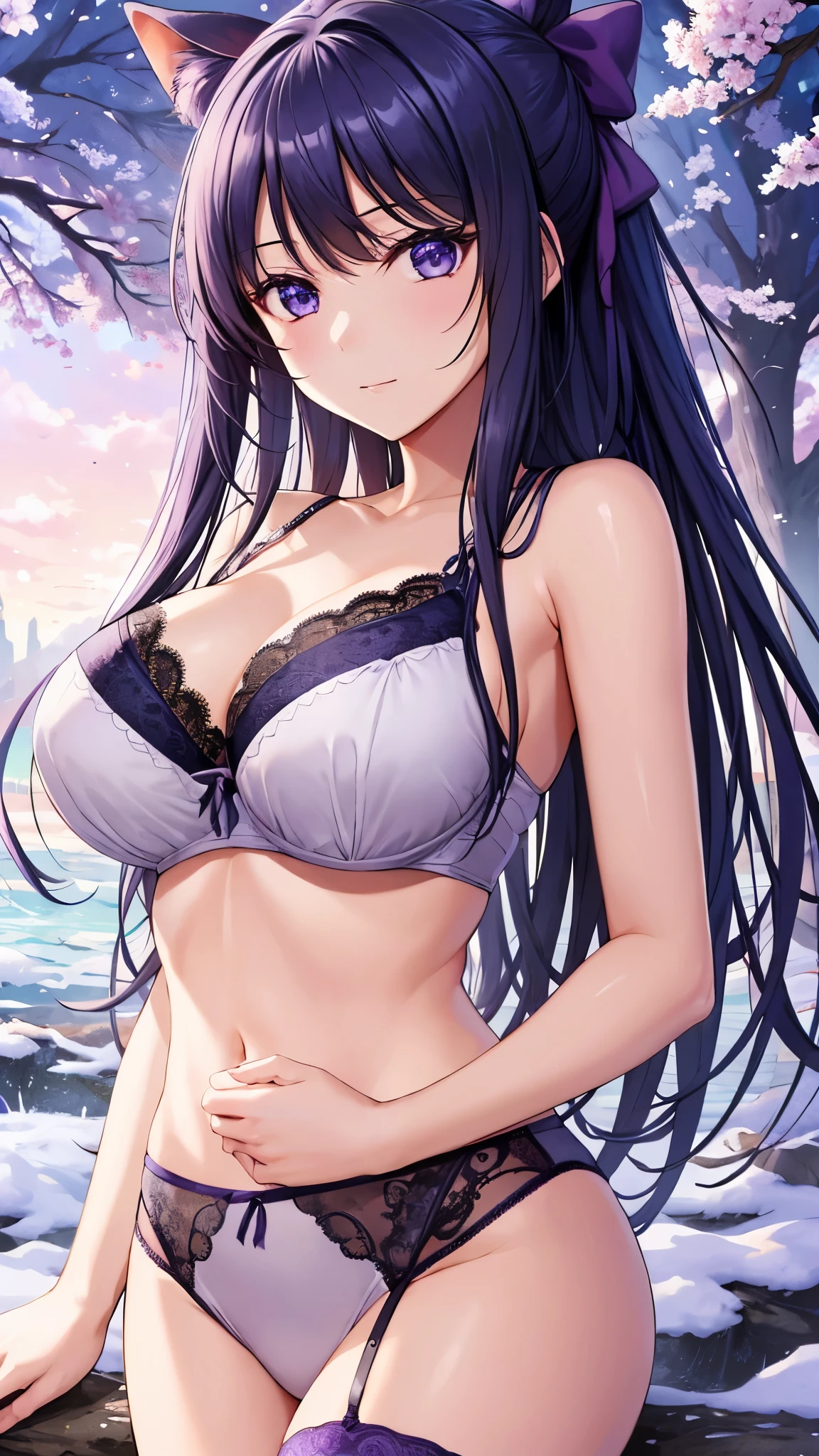 Akane Ryuzoji、 (  top quality) 、 (  top quality) 、(  Masterpiece  )、(8k resolution),Beauty、(  mature )（  perfect style ）、(  with very big breasts  )、 、Dark blue long hair、 Purple ribbon 、  ecstasy look、（ Get closer ）、 purple lace garter belt、Purple lace bra、 I'll show her stomach