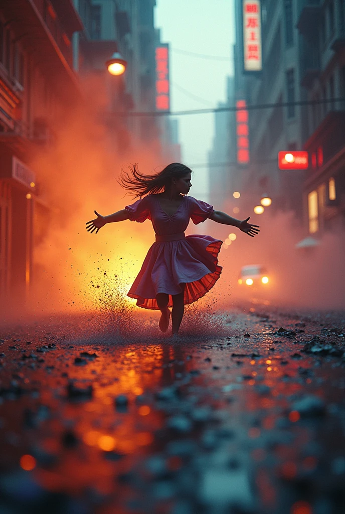 A heartwarming image of a little girl on fire as she runs through the dark, stormy streets of a city. Her white outfit is belted with vibrant colors and her long, flowing hair, adorned with sparkles, trails behind her. The vibrant colors of the cityscape contrast beautifully with the delicate, golden light coming from the girl's face. The vibrant colors of the city contrast beautifully with the dramatic, surreal lighting creating an awe-inspiring atmosphere. standard lens, high ISO, f/4 aperture