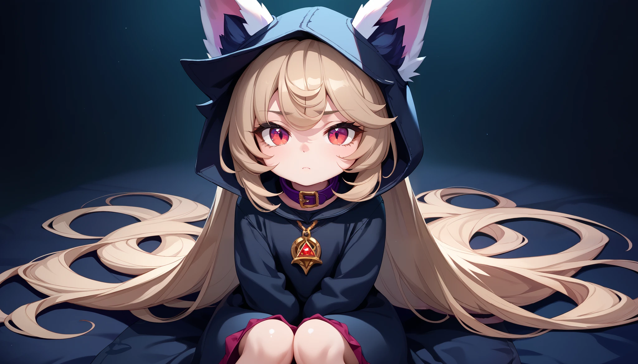 (masterpiece:1.3), (best quality:1.3), (very detailed), (anime style:0.1), game cg, anime coloring,((dark background)),VexLoLXL,big eyes,yordle,shortstack,red eyes,((light brown hair,bangs,long hair)),shiny_skin,white_skin,white skin,black hood,hood up,ears through headwear,white animal ears,black shirt,purple collar,gold pendant top,long sleeves,black dress,long dress,bare hands,((solo)), 1girl, sitting with knees pulled close to her chest, arms wrapped around her knees, sad and dejected expression, eyes slightly red, soft lighting focused on her, shadows emphasizing the mood, melancholic atmosphere
