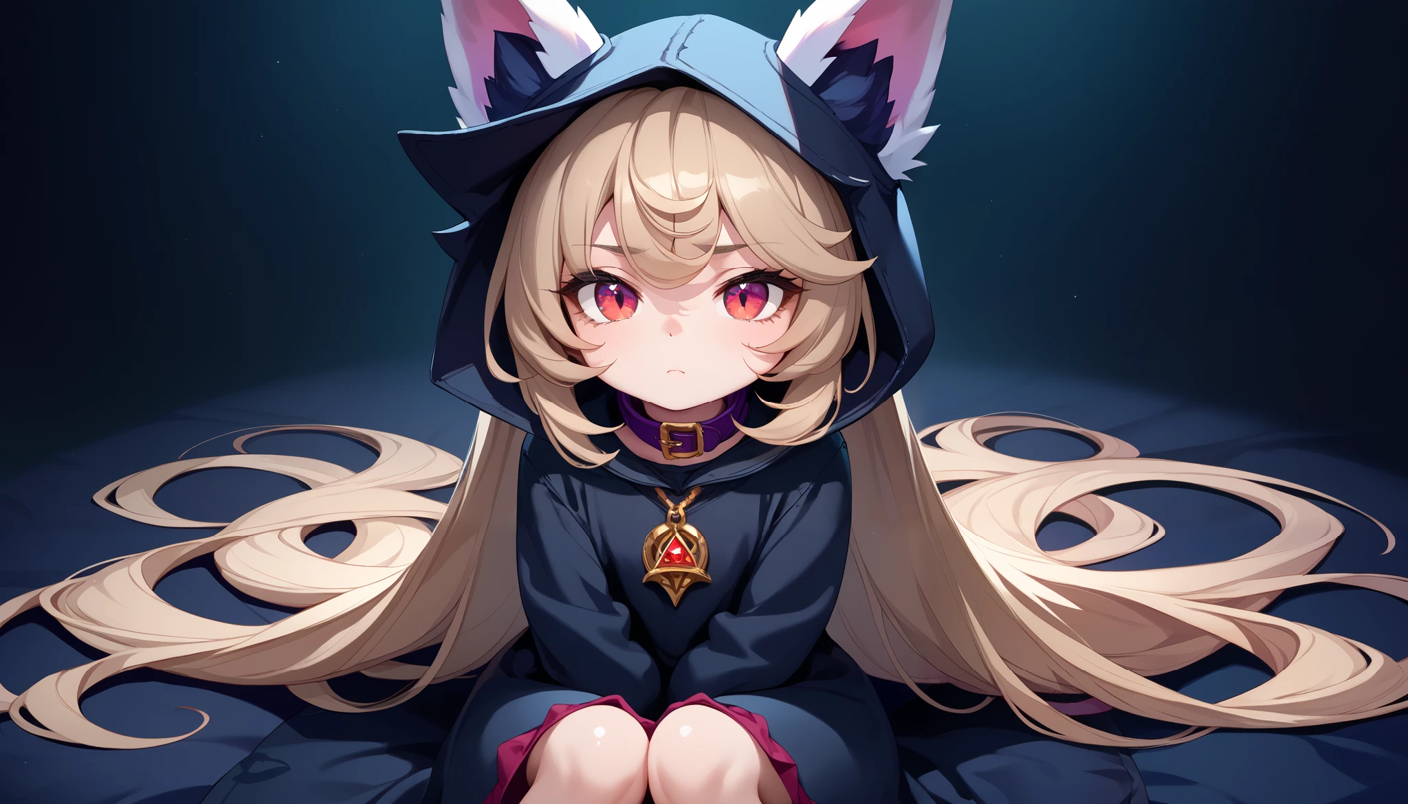 (masterpiece:1.3), (best quality:1.3), (very detailed), (anime style:0.1), game cg, anime coloring,((dark background)),VexLoLXL,big eyes,yordle,shortstack,red eyes,((light brown hair,bangs,long hair)),shiny_skin,white_skin,white skin,black hood,hood up,ears through headwear,white animal ears,black shirt,purple collar,gold pendant top,long sleeves,black dress,long dress,bare hands,((solo)), 1girl, sitting with knees pulled close to her chest, arms wrapped around her knees, sad and dejected expression, eyes slightly red, soft lighting focused on her, shadows emphasizing the mood, melancholic atmosphere
