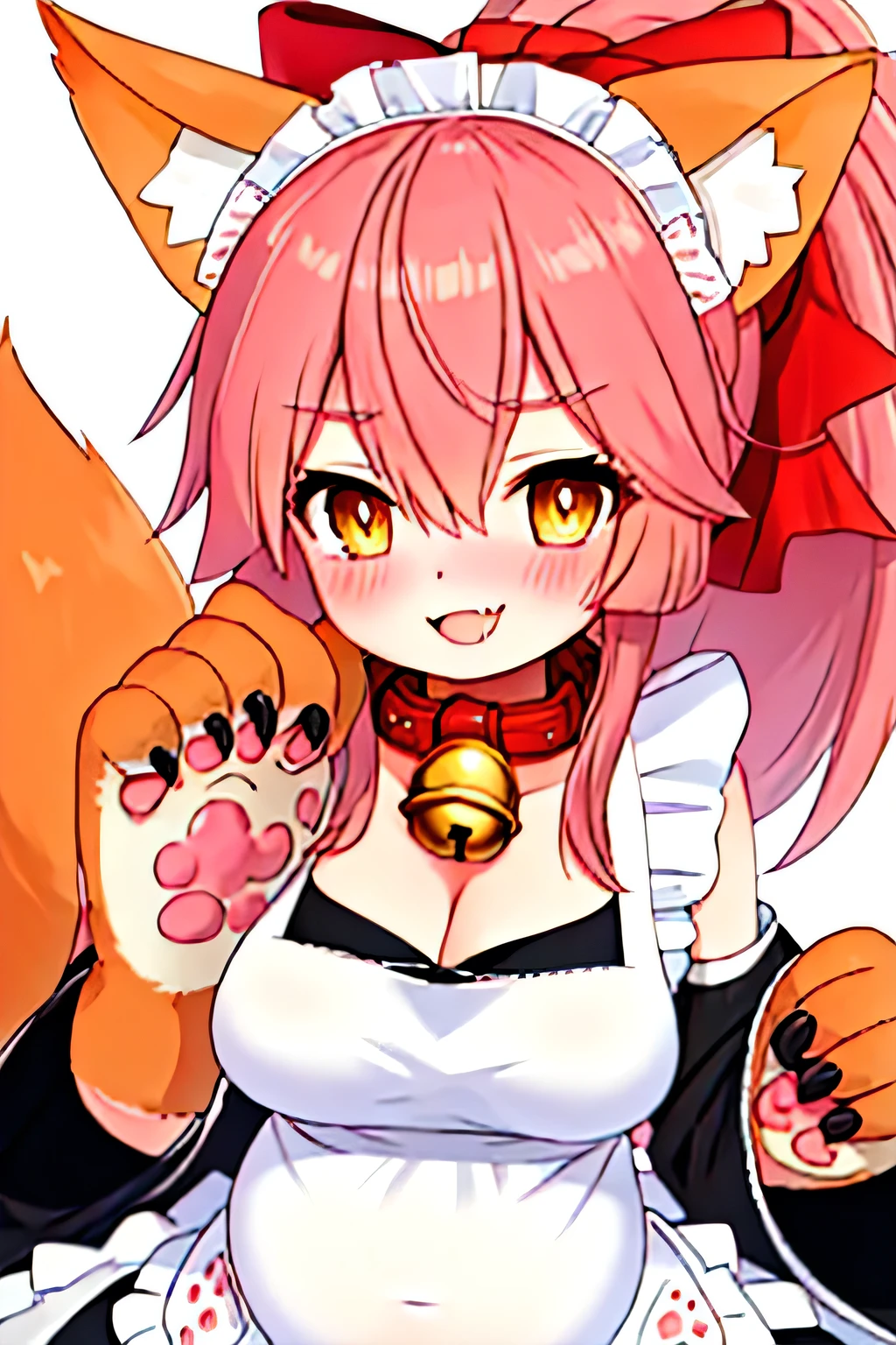 fellatio、 deep throat、Pregnant belly、blush、animal_ears, fox_ears, long_hair, pink_hair, animal_hands, yellow_eyes, ponytail, bell, animal_ear_fluff, breasts,  Neck _bell, fox_tail, tail, blush, fox_girl, large_breasts, jingle_bell, bow, hair_bow, apron, bangs, hair_between_eyes, red_bow, maid_headdress, fang, smile, cat_paws, hair_ribbon、