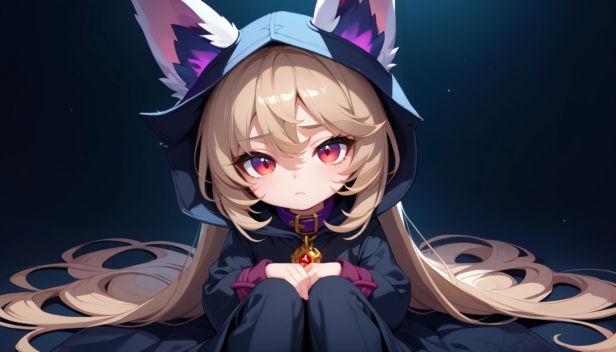 (masterpiece:1.3), (best quality:1.3), (very detailed), (anime style:0.1), game cg, anime coloring,((dark background)),VexLoLXL,big eyes,yordle,shortstack,red eyes,((light brown hair,bangs,long hair)),shiny_skin,white_skin,white skin,black hood,hood up,ears through headwear,white animal ears,black shirt,purple collar,gold pendant top,long sleeves,black dress,long dress,bare hands,((solo)), 1girl, sitting with knees pulled close to her chest, arms wrapped around her knees, sad and dejected expression, eyes slightly red, soft lighting focused on her, shadows emphasizing the mood, melancholic atmosphere
