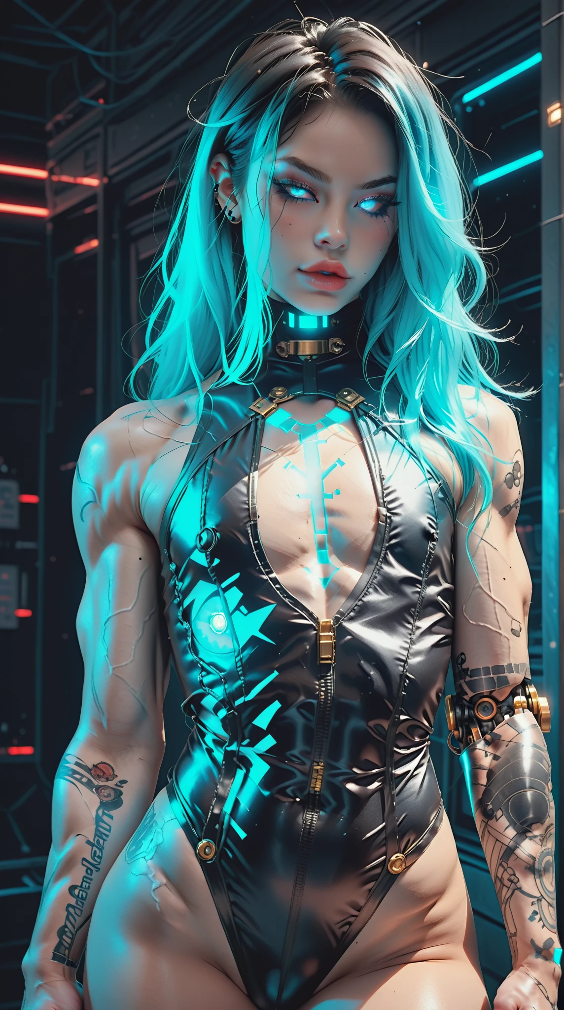 (nsfw:1), (Uncensored:1), score_9, score_8_up, score_7_up, (Three quarters Shot), (1 girl), (asian), beautiful age (skinny) muscular goth cyborg girl, (full Cybernetic bodysuit:1.5), (black sclera:1.5), (blue glowing eyes:1.5), (blue glowing body veins:1.5), (flat chest:1.25), (blue glowing hair:1.25), (beautiful face:1.25), (bodybuilder femboy physique:1.25), (skinny long legs:0.75), (intricate gold filagree:1.25), bimbo lips, cowboy shot, cybernetic, mechanoid body parts, exposed cables and circuits, neon lights, gothic neon style, cyber punk style, super realistic image, beautiful digital paint , hyper Realistic illustrations, ImgFixerPre0.3