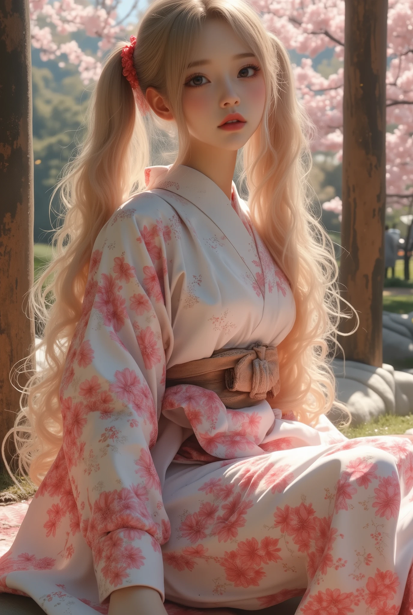 Impressionism style,Pointillism,soft dotted textures,muted pastel tones,1girl,ARW,dreamy shrine maiden,long flowing hair,twin tails with subtle highlights,traditional kimono with hand-painted floral designs,peaceful sitting pose,serene garden setting,delicate cherry blossoms gently falling,wooden torii gate,tranquil and timeless atmosphere