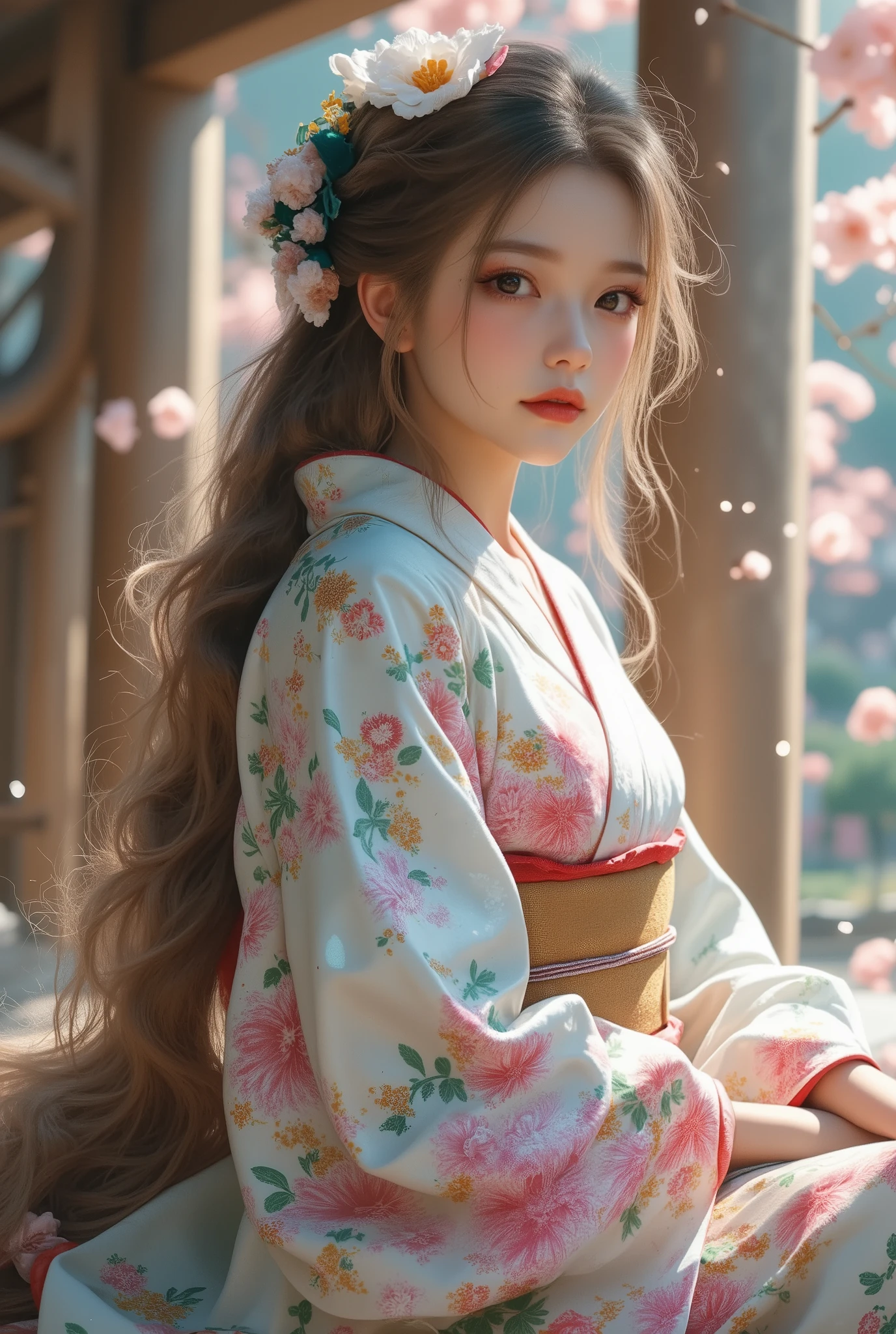 Impressionism style,Pointillism,soft dotted textures,muted pastel tones,1girl,ARW,dreamy shrine maiden,long flowing hair,twin tails with subtle highlights,traditional kimono with hand-painted floral designs,peaceful sitting pose,serene garden setting,delicate cherry blossoms gently falling,wooden torii gate,tranquil and timeless atmosphere