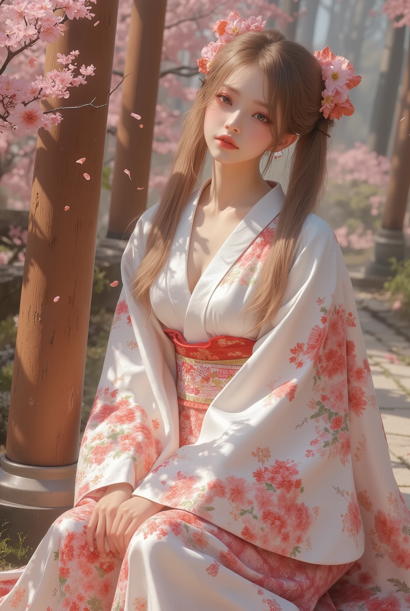 Impressionism style,Pointillism,soft dotted textures,muted pastel tones,1girl,ARW,dreamy shrine maiden,long flowing hair,twin tails with subtle highlights,traditional kimono with hand-painted floral designs,peaceful sitting pose,serene garden setting,delicate cherry blossoms gently falling,wooden torii gate,tranquil and timeless atmosphere