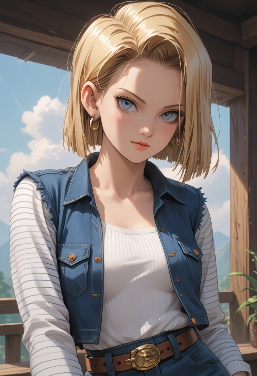 (masterpiece, best quality), 1girl, beautiful face, beautiful body, android18, earrings, denim, belt