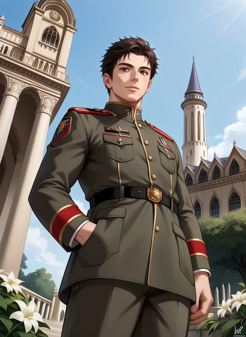 {{upper_body, from_below, dutch_angle}} 1boy, toned_male, medium_hair, black_hair, brown_eyes, military_uniform, standing, hand_in_pocket, historical, outdoors, palace, garden, looking_at_viewer.