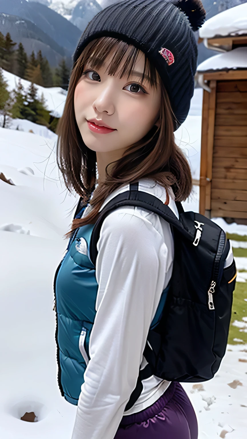 (background, Magnificent Snow Mountain views):1.3, (Snow Mountain:1.37), (8k, RAW Photos, 最high quality, masterpiece:1.2), (Realistic, photo-Realistic:1.37), Very detailed, high quality, Professional Lighting, Physically based rendering of a  female, (One girl:1.3), (Japanese Girls), (Medium chest:1.25), (Semi-long hair, Dark brown hair), (Skin with attention to detail:1.2), (Very delicate face, Super beautiful poop, Very delicate eyes, Very detailed鼻, Very sophisticated mouth), (Mountain jacket(The North Face), Trekking pants, Knitted hat), (Carry a backpack), (Walking the mountain path), from the front, whole body