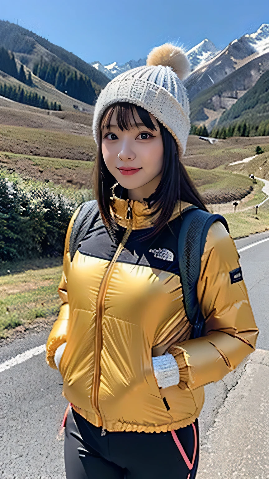 (background, Magnificent Snow Mountain views):1.3, (Snow Mountain:1.37), (8k, RAW Photos, 最high quality, masterpiece:1.2), (Realistic, photo-Realistic:1.37), Very detailed, high quality, Professional Lighting, Physically based rendering of a  female, (One girl:1.3), (Japanese Girls), (Medium chest:1.25), (Semi-long hair, Dark brown hair), (Skin with attention to detail:1.2), (Very delicate face, Super beautiful poop, Very delicate eyes, Very detailed鼻, Very sophisticated mouth), (Mountain jacket(The North Face), Trekking pants, Knitted hat), (Carry a backpack), (Walking the mountain path), from the front, whole body