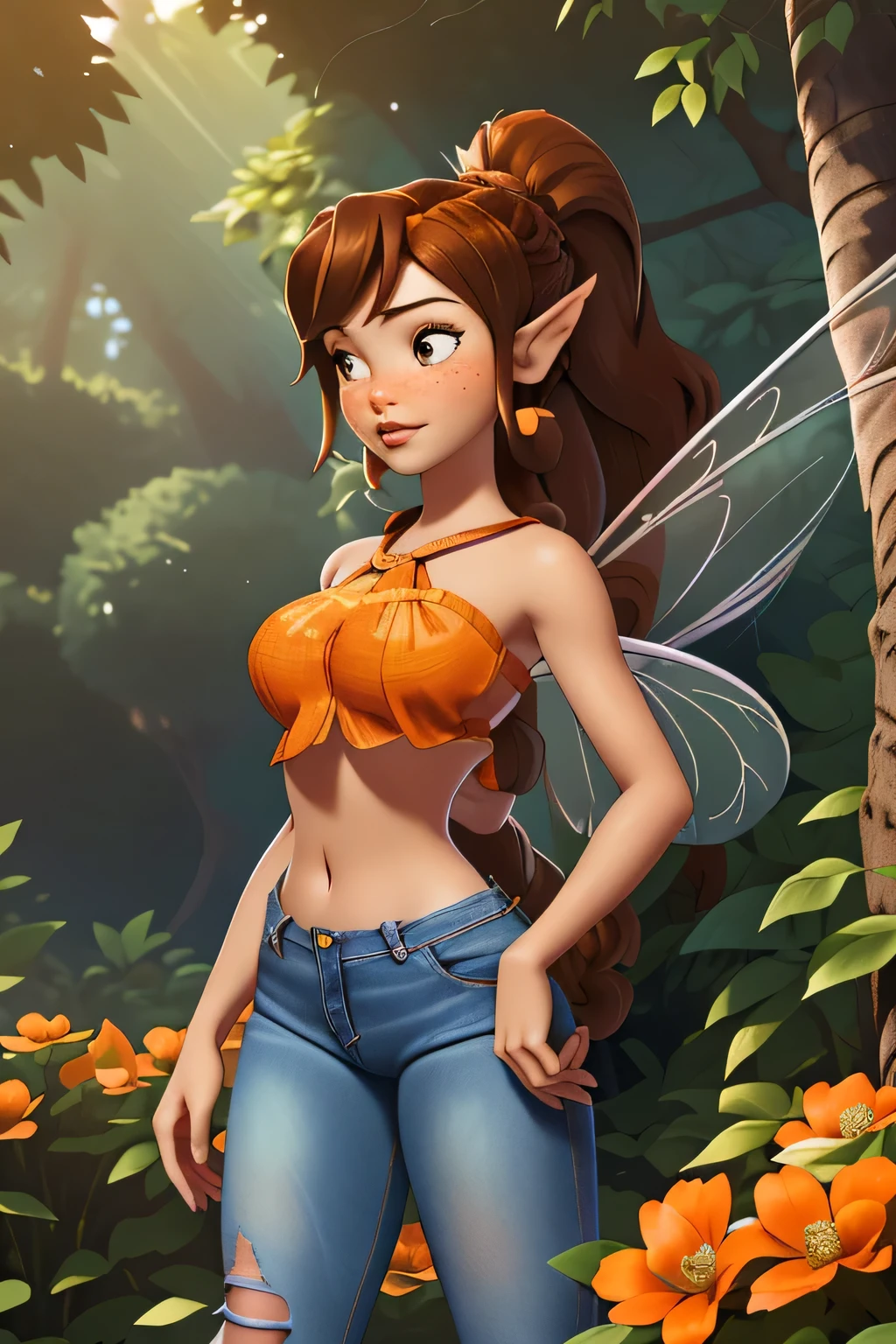 1girl in, age18, Fawn Waifu, photo of perfect woman, miniature ferry, Solo, (miniature girl and a huge world: 1.2), Aesthetic artwork, (long brown hair, very long brunette braided ponytail:1.25), (some small freckles, pale skin, large breasts, D-cup, runners body, very thin waist, skinny, petite, detailed skin texture), (fairy wings, big fairy wings, fairy ears: 1.33), (wearing orange cropped Halter top, tight denim jeans: 1.5), (standing in a park, godrays shining down through the trees, seductive eyes, glossy lips, focus on breasts:1.2), (surrounded by huge flowers and trees, tiny girl surrounded by giant objects, detailed outdoor park:1.3), (extremely detailed 8k wallpaper), soft lighting, high quality, film grain, Fujifilm XT3 sharp focus, f 5.6, 50mm, High Detail, Sharp focus,(natural light), crazy details, complex details, hyper detailed. (cowboy photo:1.2), light particles, sfw