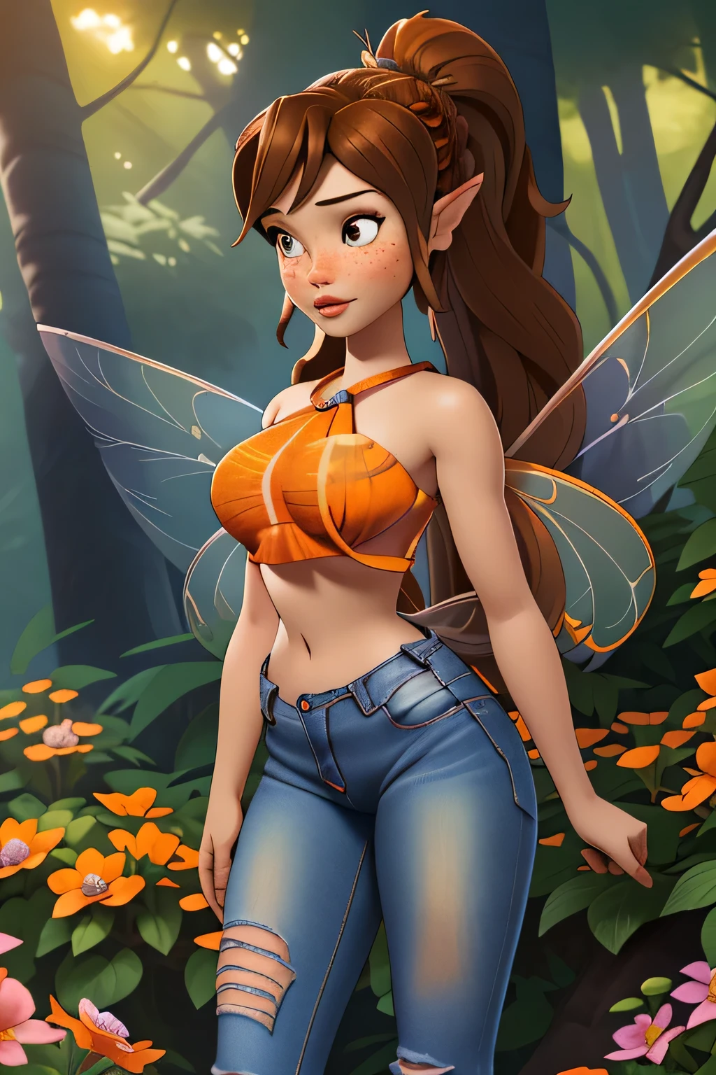 1girl in, age18, Fawn Waifu, photo of perfect woman, miniature ferry, Solo, (miniature girl and a huge world: 1.2), Aesthetic artwork, (long brown hair, very long brunette braided ponytail:1.25), (some small freckles, pale skin, large breasts, D-cup, runners body, very thin waist, skinny, petite, detailed skin texture), (fairy wings, big fairy wings, fairy ears: 1.33), (wearing orange cropped Halter top, tight denim jeans: 1.5), (standing in a park, godrays shining down through the trees, seductive eyes, glossy lips, focus on breasts:1.2), (surrounded by huge flowers and trees, tiny girl surrounded by giant objects, detailed outdoor park:1.3), (extremely detailed 8k wallpaper), soft lighting, high quality, film grain, Fujifilm XT3 sharp focus, f 5.6, 50mm, High Detail, Sharp focus,(natural light), crazy details, complex details, hyper detailed. (cowboy photo:1.2), light particles, sfw