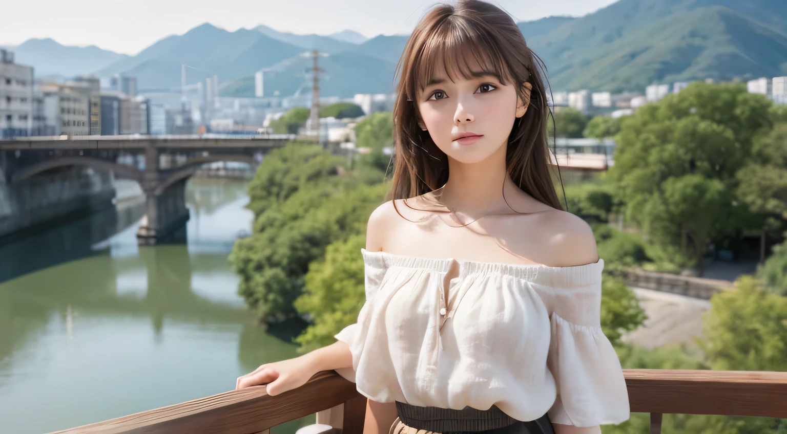 A woman who has been and tied up is squatting on the shore of a lake、Her hands are behind her back and her wrists are tied with rope、Beauty、Wearing a short-sleeved blouse、She is wearing a skirt with a Barbarian pattern.、View from directly behind、, black hair, bangs, floating hair, straight hair, shiny hair, eyeball, blush, blush, shy, Surrealism, cinematic lighting, first-person view, UHD, best quality, highres, 8k
