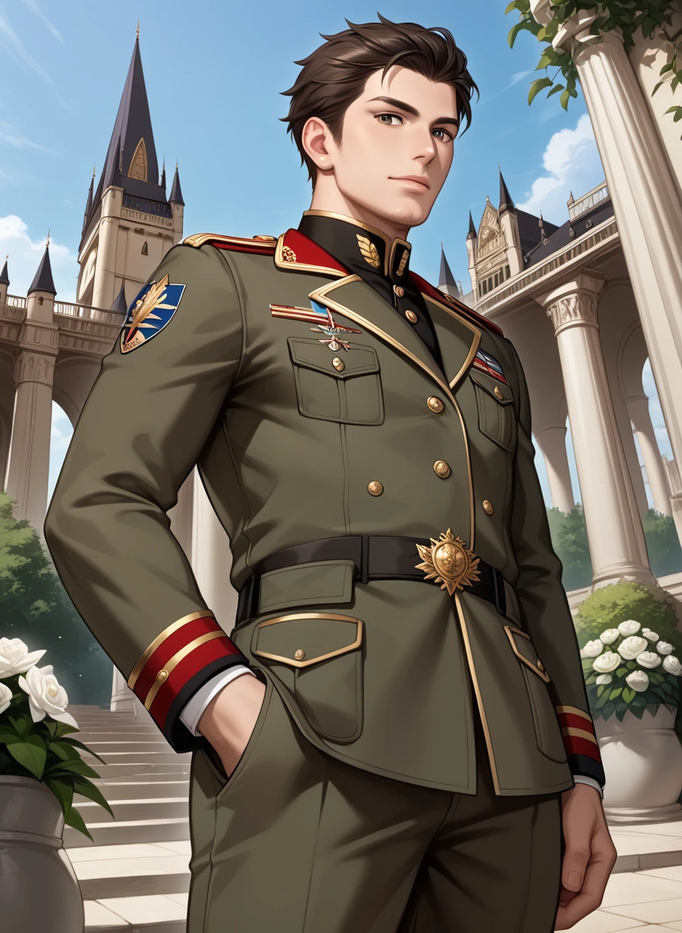 {{upper_body, from_below, dutch_angle}} 1boy, toned_male, long_hair, black_hair, brown_eyes, military_uniform, standing, hand_in_pocket, historical, outdoors, palace, garden, looking_at_viewer.