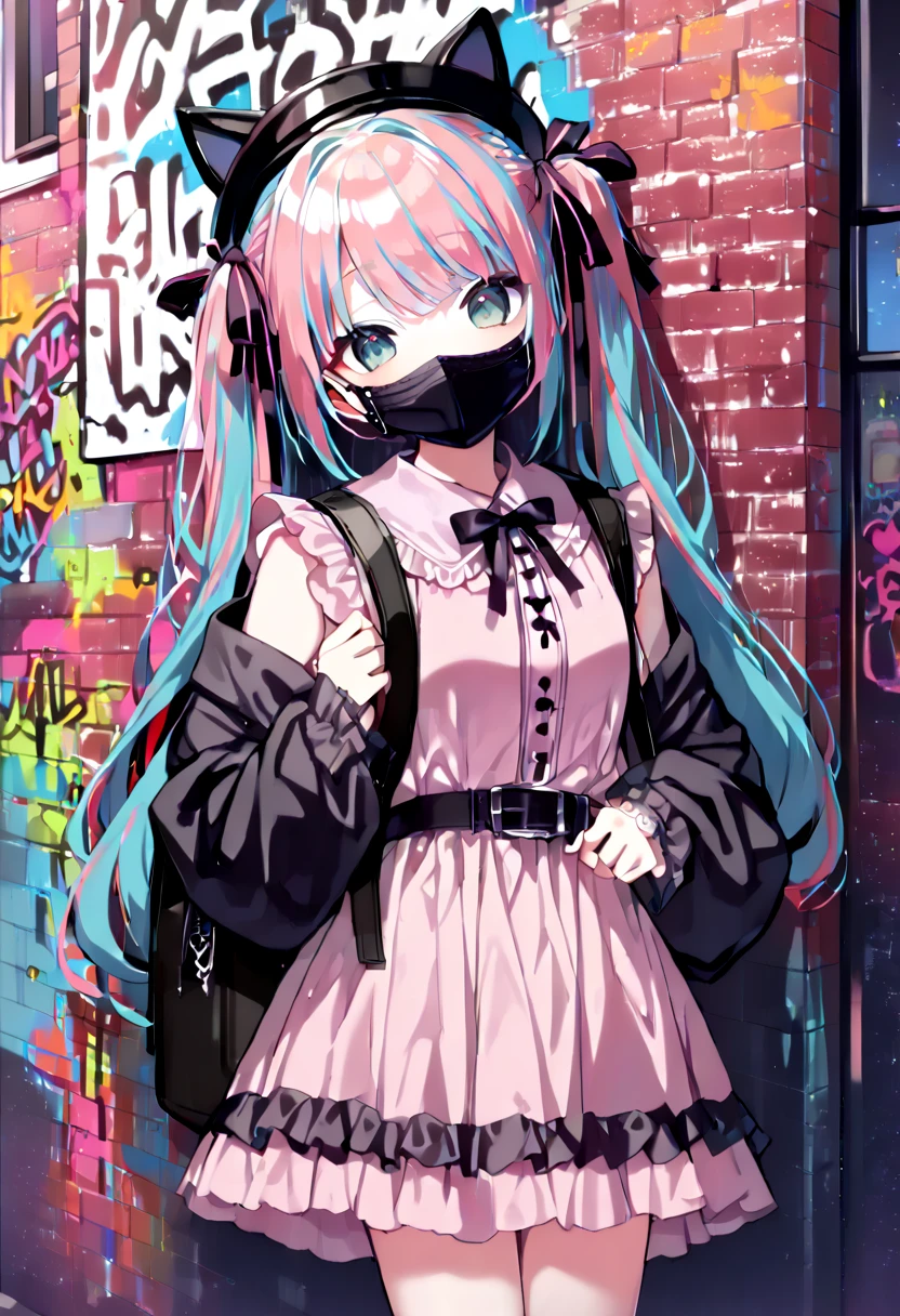 (hatsune miku, jirai kei, 1girl, solo:1.4), (gleaming skin, shiny skin:1.4), (black cat ears cap:1.2), (black mouth mask:1.4), (black oversized hoodie:1.2), (pink shirt, long sleeves:1.4), (black choker:1.0), (pink hair ribbon:1.4), (black backpack:1.4), (hands in pockets:1.0), (leaning back on wall:1.4), (cowboy shot:1.4), (downtown street, graffiti on brick_wall:1.4), (midnight:1.4),