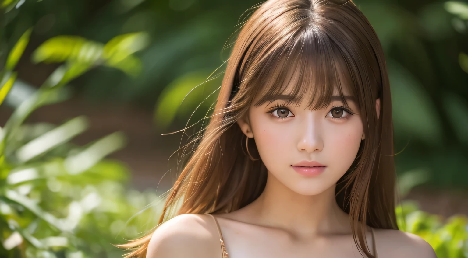 Araffe asian woman with long brown hair and a white top - SeaArt AI